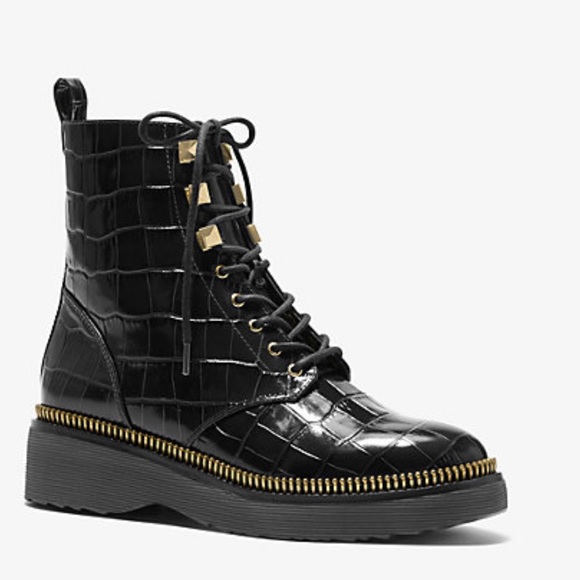 Michael Kors Croc Embossed Leather Combat Boots, NWT